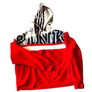 Victorias Secret Pink Red & Gray Pullover Hoodie Sweatshirt With Drawstring Hood